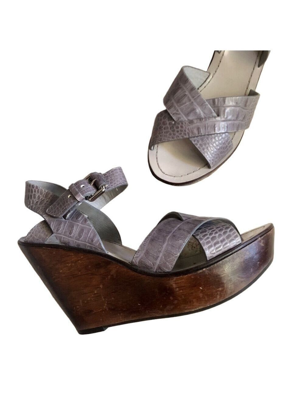 Theory Gray Sabrina Wedge Sandals size 40 crocodile pattern wooden platform heel